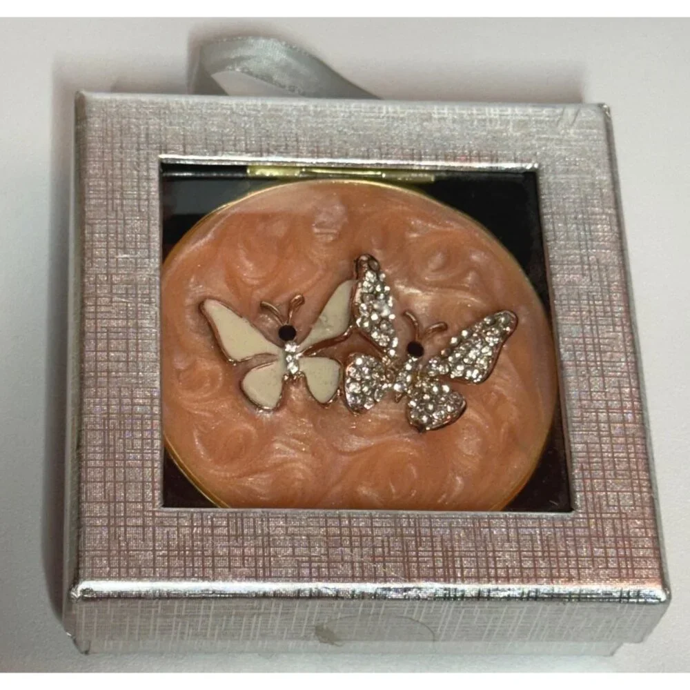 Enamel Butterfly Compact Mirror Pink Gold-Tone Rhinestone